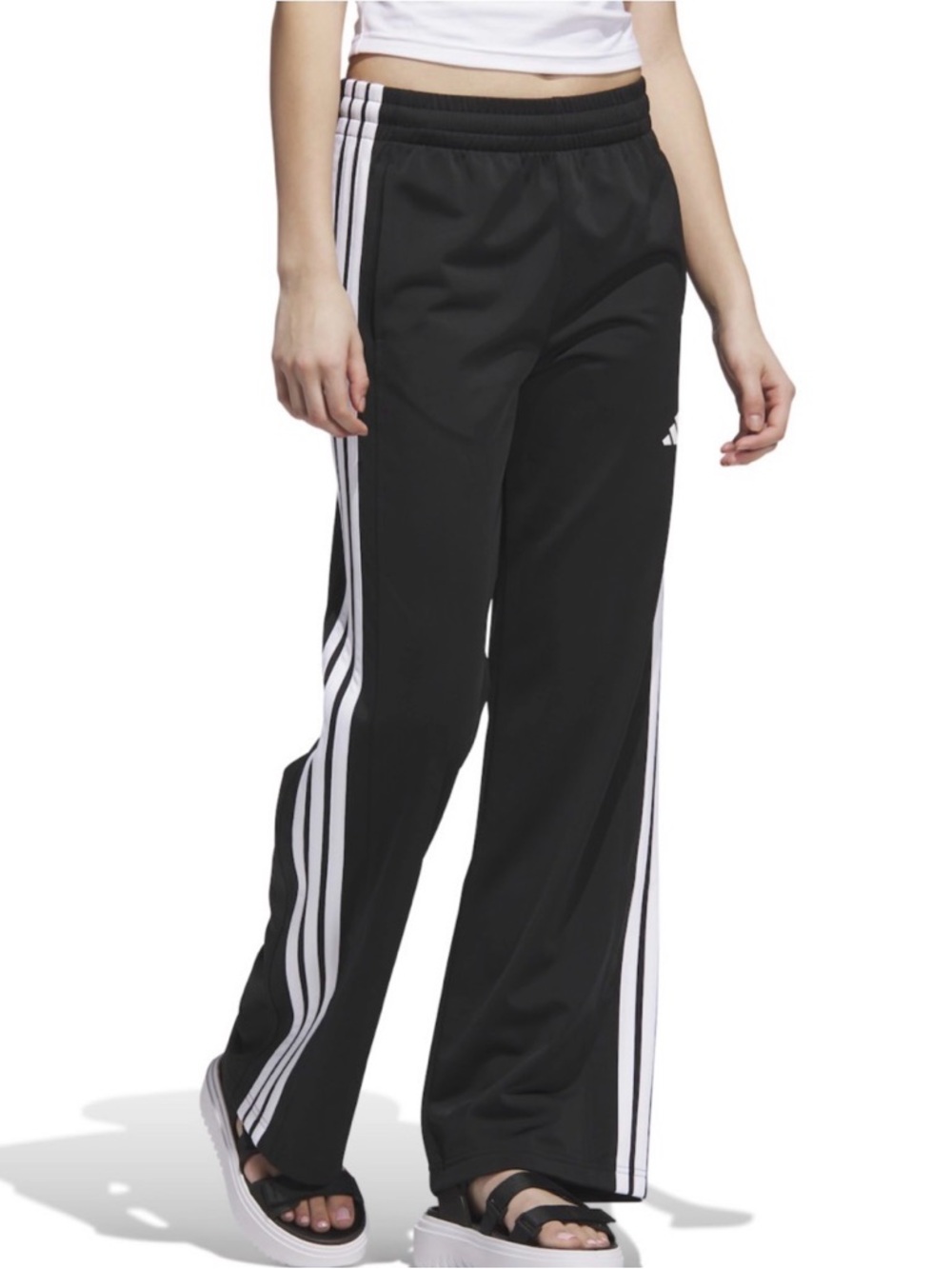 Adidas Black Track Pants with White Three-Stripe Detail Elastic Waist